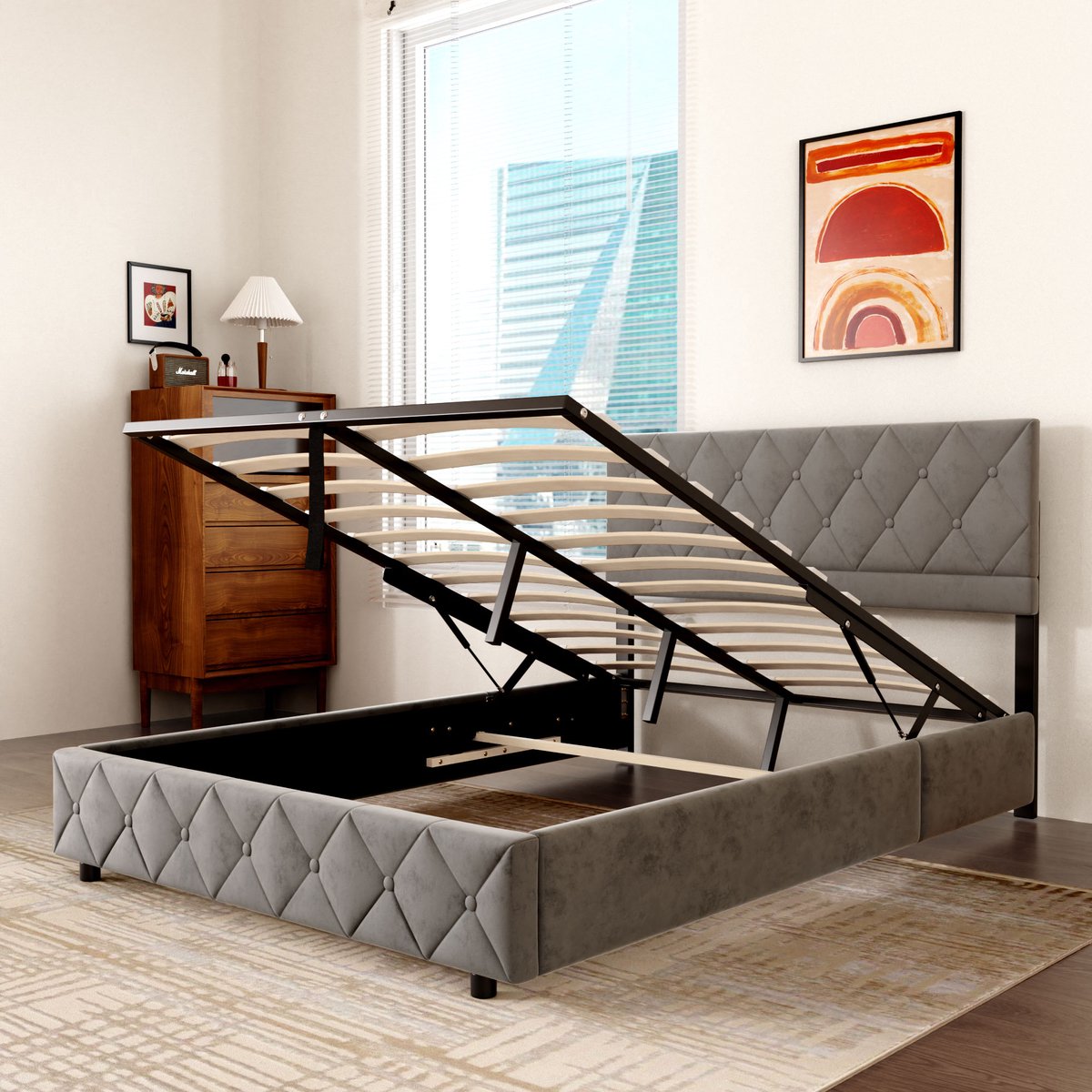 WUVRIE Gestoffeerd bed 140x200 cm met fluwelen bekleding, lattenbodem en middenbalk, grijs Lichtgrijs
