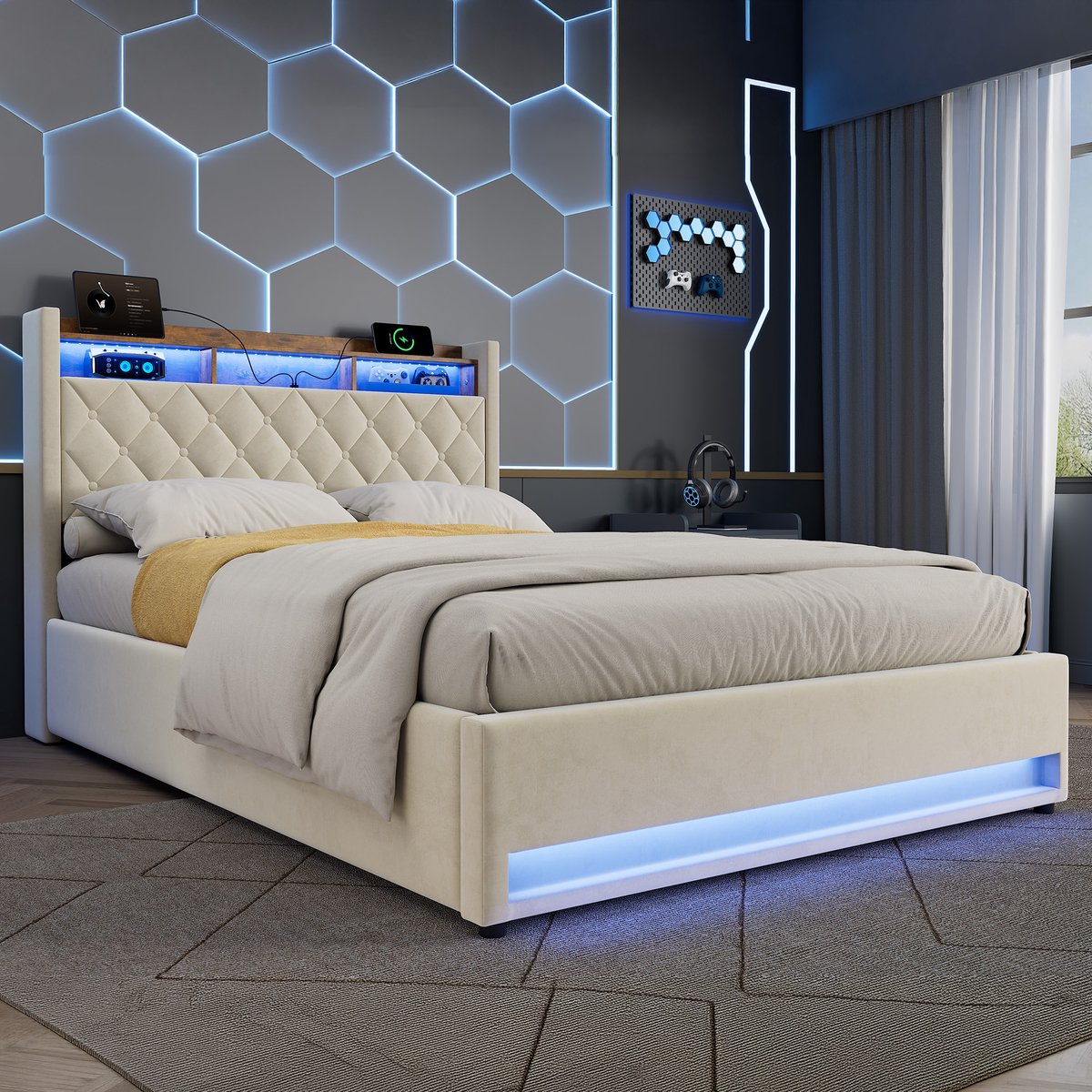 WUVRIE Gestoffeerd bed 140x190 cm met opbergruimte, LED-verlichting en USB-aansluiting, beige