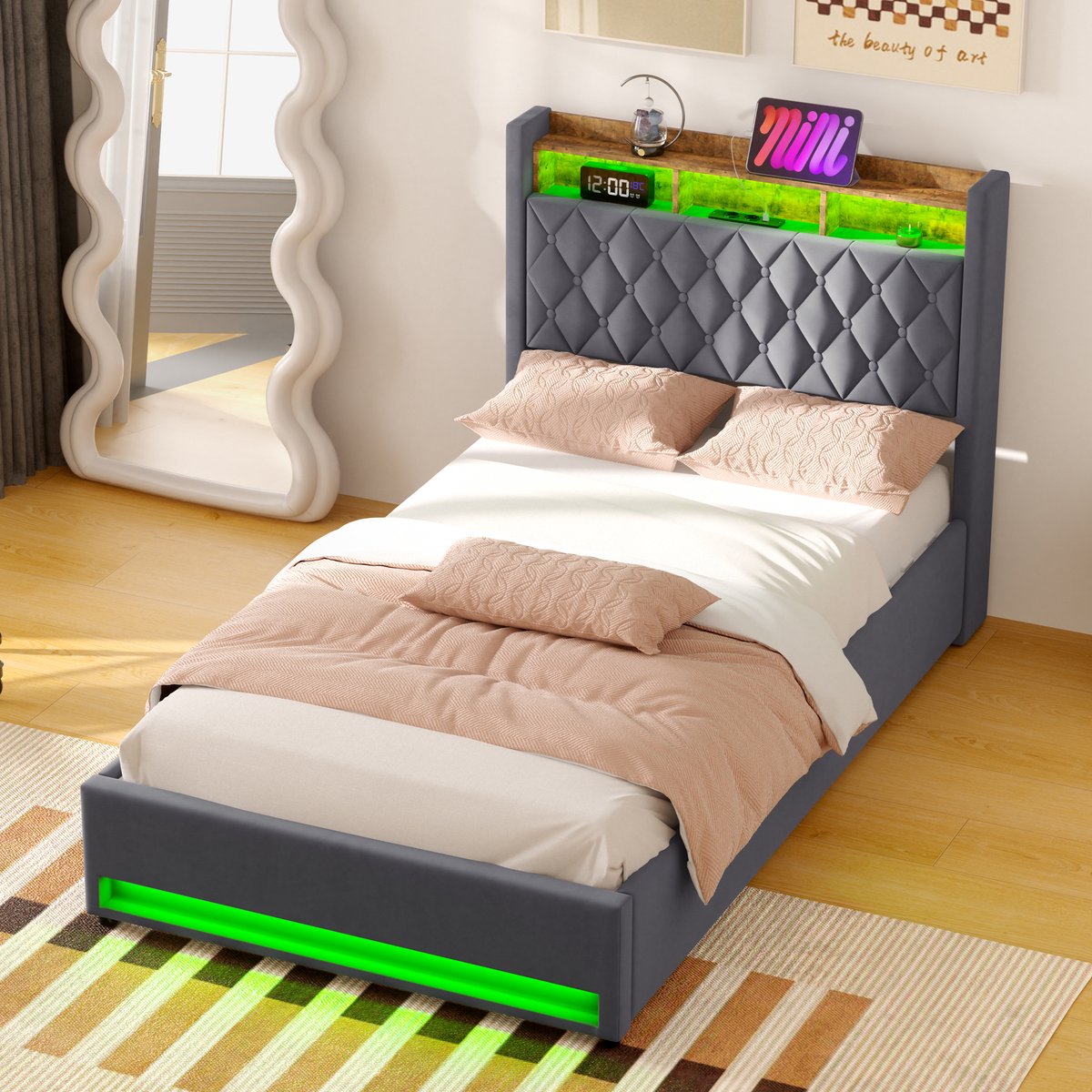 WUVRIE Gestoffeerd bed 140x190 cm met fluwelen bekleding, lattenbodem en hoofdbord, donkergrijs