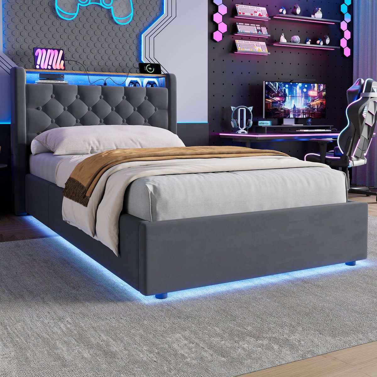 WUVRIE Gestoffeerd bed 90x200 cm met opbergruimte, LED, USB-A/USB-C en hoofdbordplank, grijs