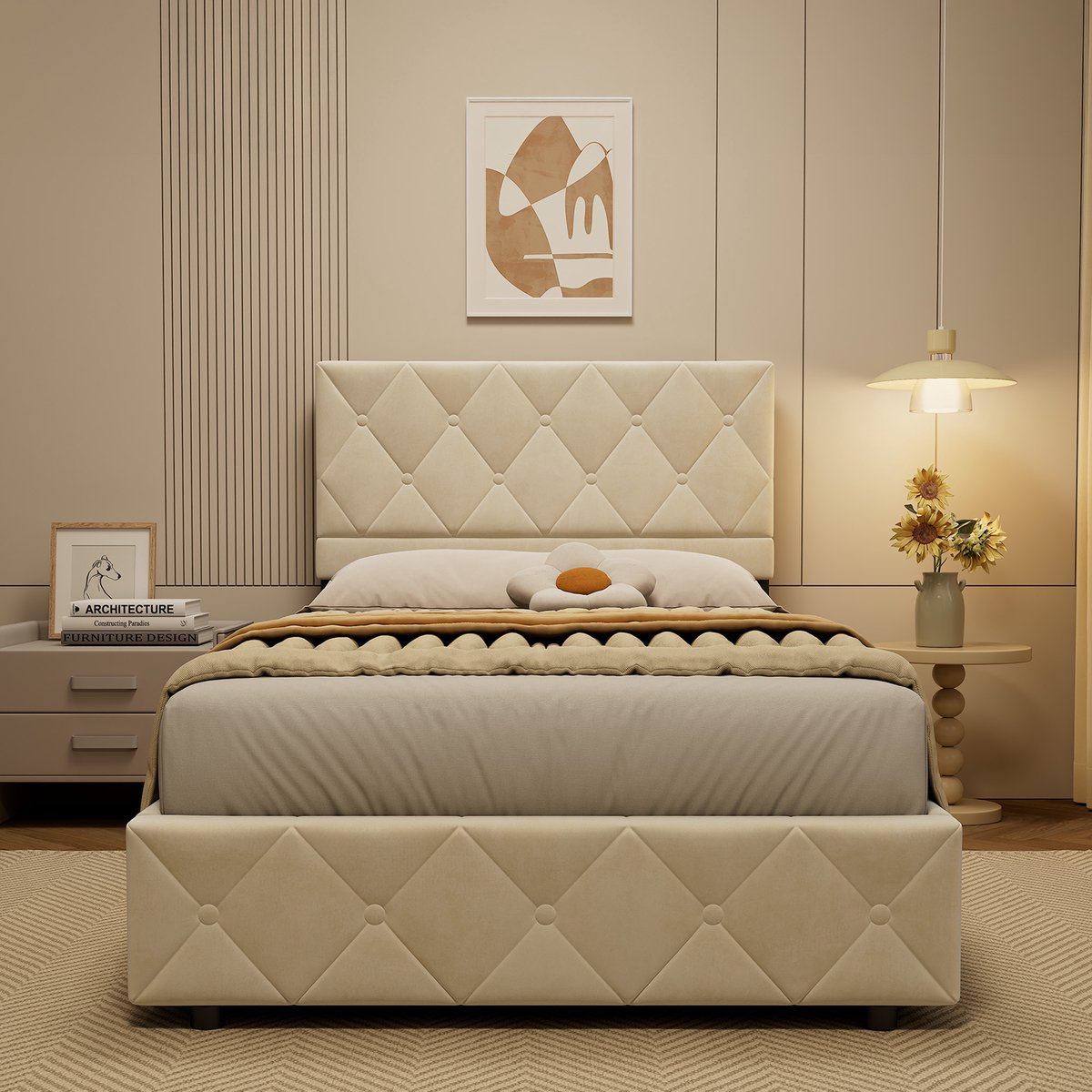 WUVRIE Gestoffeerd bed 90x190 cm met fluwelen bekleding, houten lattenbodem en metalen frame, beige