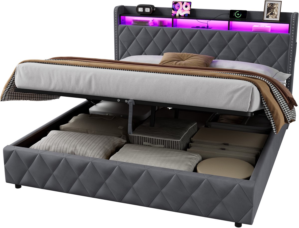 WUVRIE Gestoffeerd opbergbed 180x200 cm met hydraulische opbergruimte, LED en USB, donkergrijs