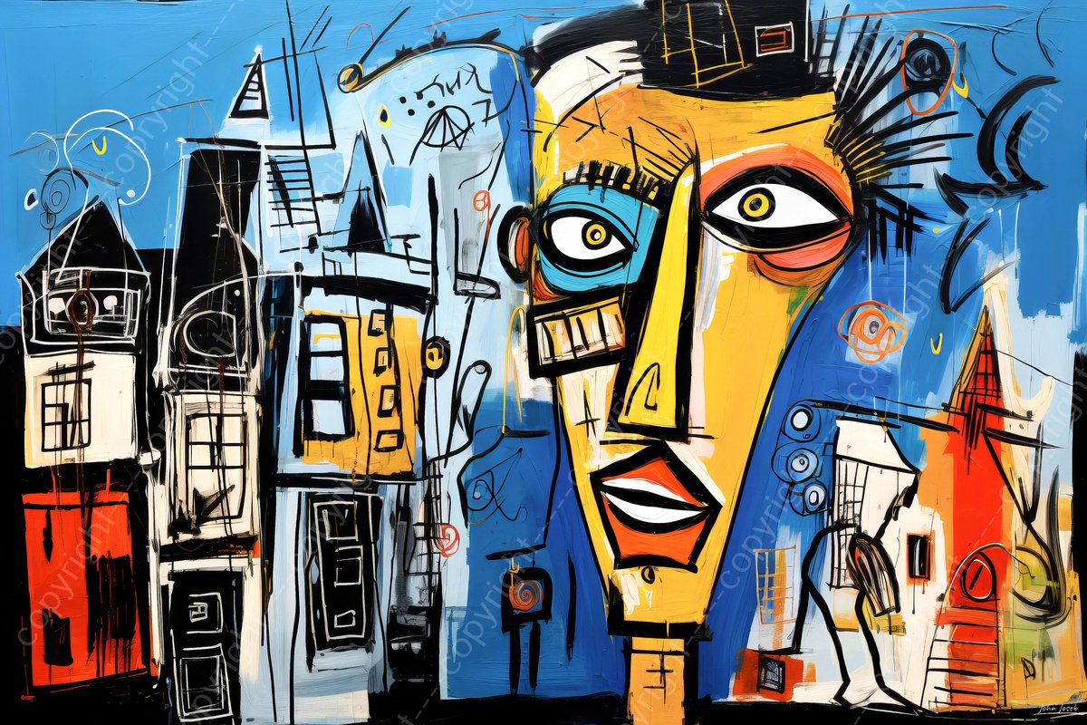 John Joseb Art (Aluminium) 60x40 | Amsterdam in Herman Brood stijl, abstract, - kleurrijk - felle kleuren, woonkamer slaapkamer, kunst | Nederland, stad, blauw, rood, bruin, modern | Foto-Schilderij print op Dibond (metaal wanddecoratie)
