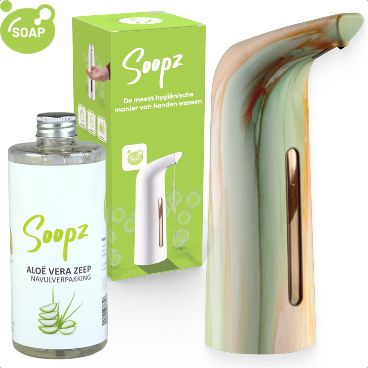 Soopz Automatische Zeepdispenser – Licht groen – Lime Fusion Elegance – Zeeppompje met Bewegingssensor – Met Aloë Vera Zeep
