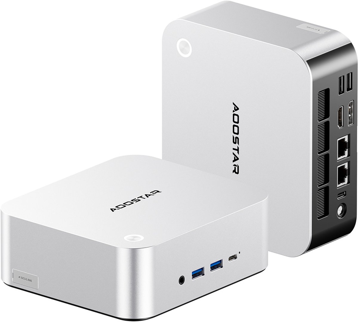 AOOSTAR MACO Mini-pc Barebone (zonder RAM en SSD), AMD Ryzen 7 Pro 8845HS (8 cores, max. 5,1 GHz), ondersteuning voor vier schermen (HDMI + DP + 2x USB4), WiFi 6, 2x 2,5G LAN, 1x Oculink, 2x USB 3.2, 2x USB 2.0, 1x audio-aansluiting