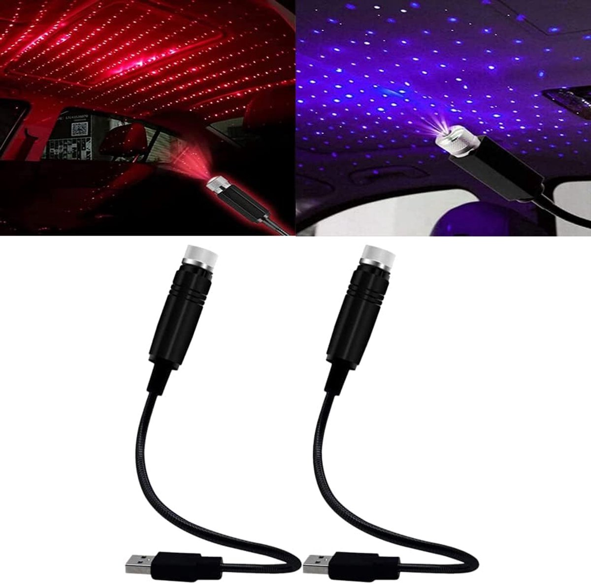 2 Stuks LED Decoratieve Auto,Nachtlampje Projector USB Sfeerverlichting Led Sterrenhemel Verlichting voor Auto LED Autodak Ster Nachtlampje Lamp (Rood en Violet Blauw Licht)