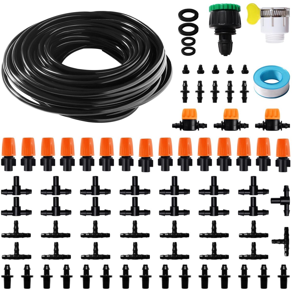 81-delige Irrigatiesysteem Kit met 15m Irrigatieslang, DIY Drip Irrigatie Set, Inclusief Barbs, Tee Connectoren en Eindplug voor Tuin, Terras en Landschap