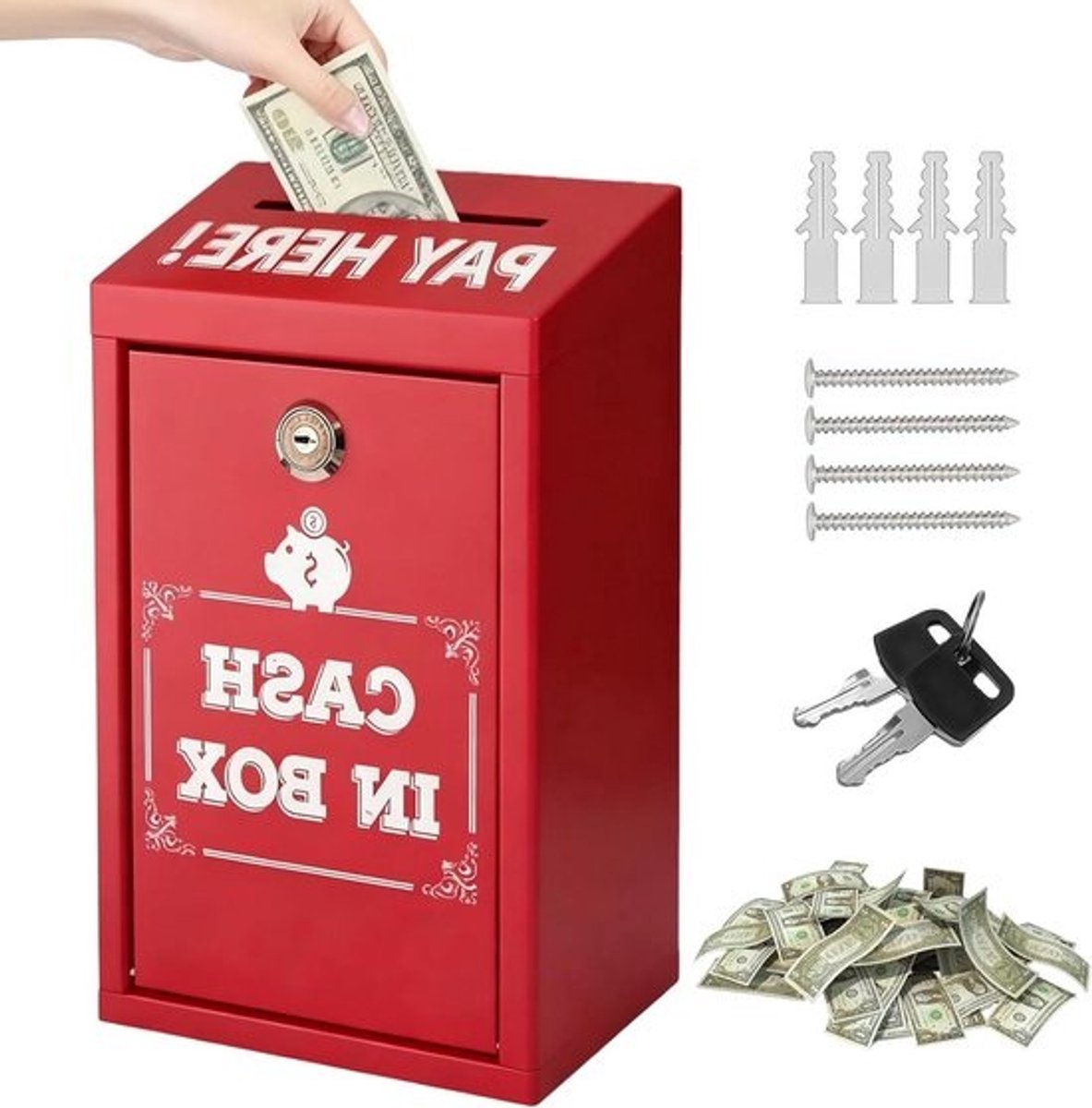 Metalen Spaarpot - Geldcassette Sleutel - Veilig Geld Opslaan - Wandmontage Mogelijk - 26 x 14.5 x 7.5 cm - Rood