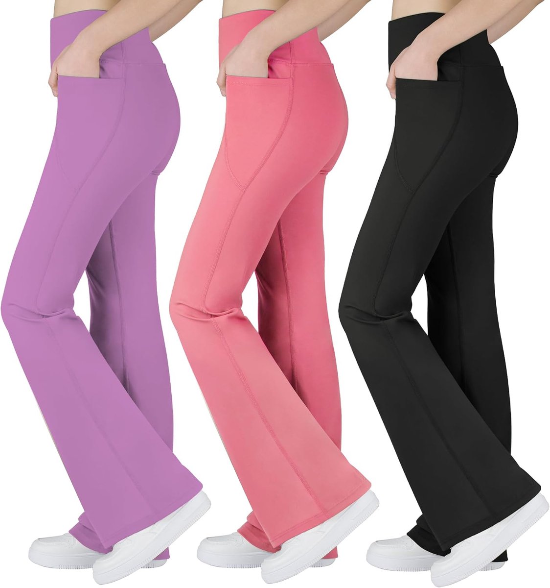 Bootcut-legging voor meisjes, met zakken, hoge taille, uitlopende yogabroek voor dans en dagelijks gebruik