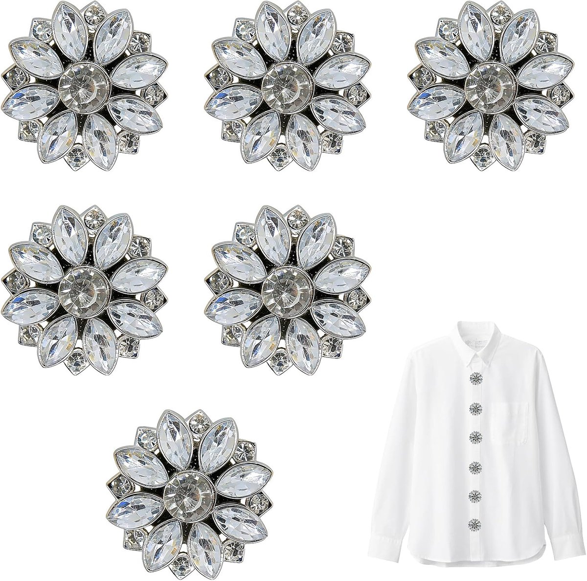 Knopen, knoophoezen, decoratie voor damesblouses, zilveren bloemmotief strass knopen, sprankelende klikdecoratie voor dames