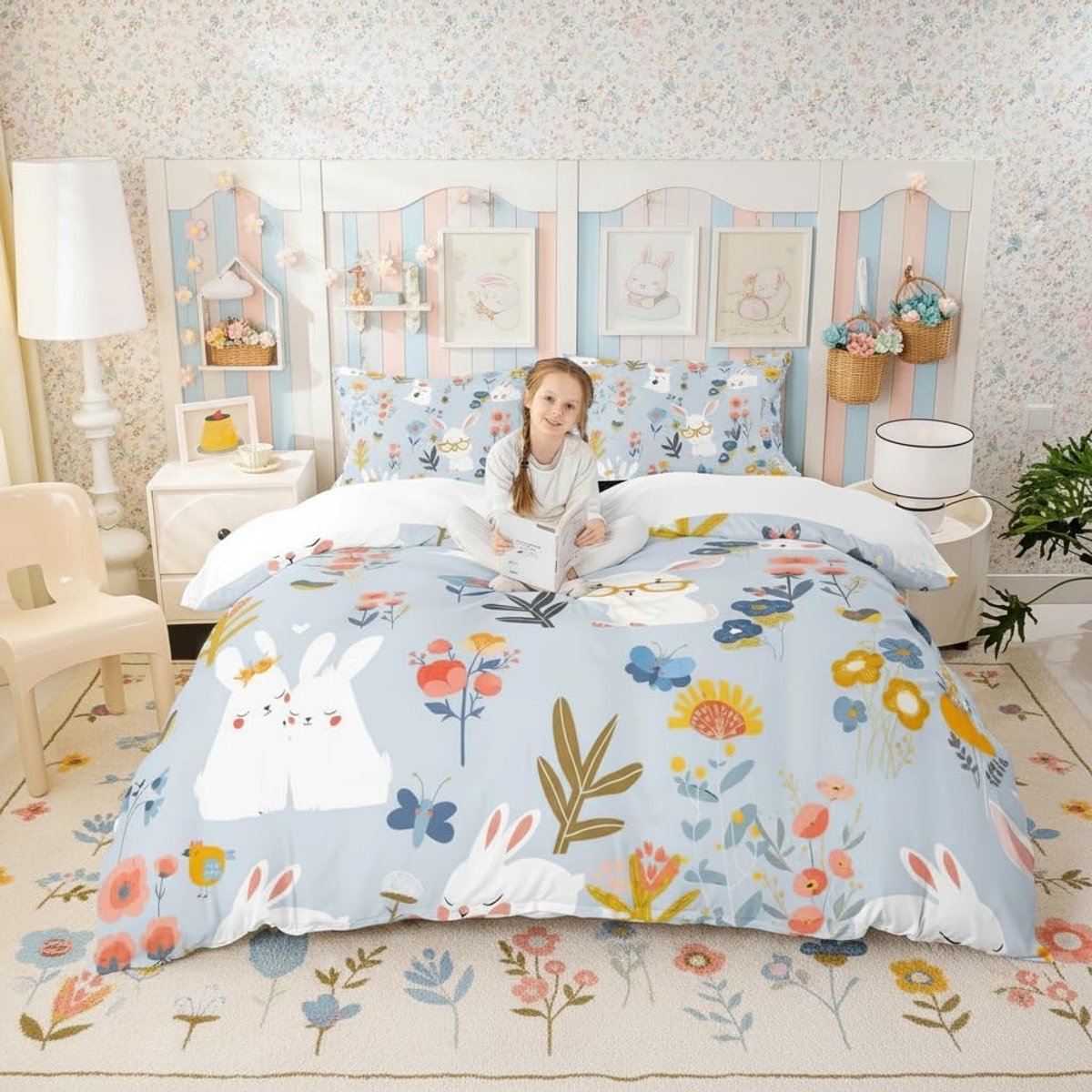 Konijn Kinderen Dekbed L Maat Blauw Roze Bloemen Zachte Polyester Deken Cover Kawaii Vlinder Dier Beddengoed Set (2 Kussencontainers)
