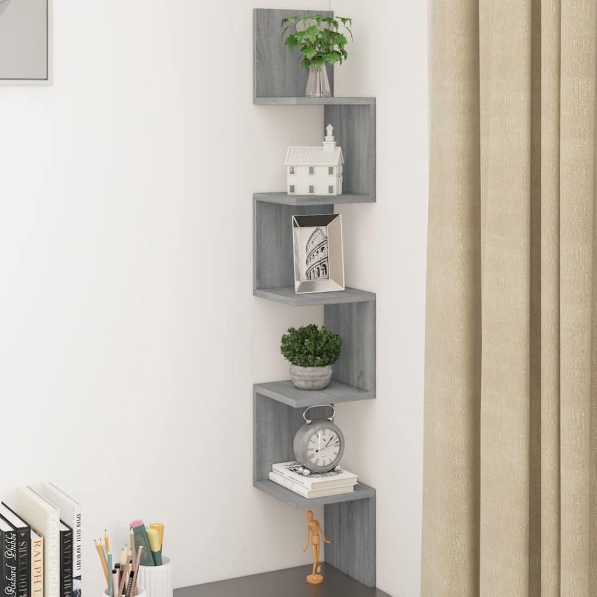 Hoekplank, zwevend rek, boekenplank, cd-dvd-plank, wandplank, hangplank, wandplank, decoratief rek, vrij zwevend, houtmateriaal, grijs, sonoma, 20 x 20 x 127,5 cm