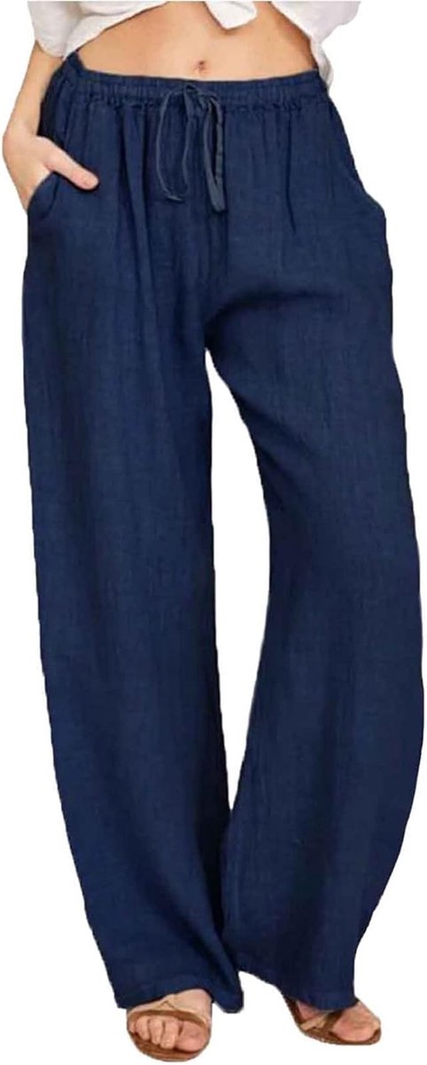 Zomerbroek voor dames, vrijetijdsbroek, lang, licht, katoen, linnen broek, casual, wijde broek, casual, zomer, strandbroek, effen, met trekkoord, losse stoffen broek, elegante linnen broek