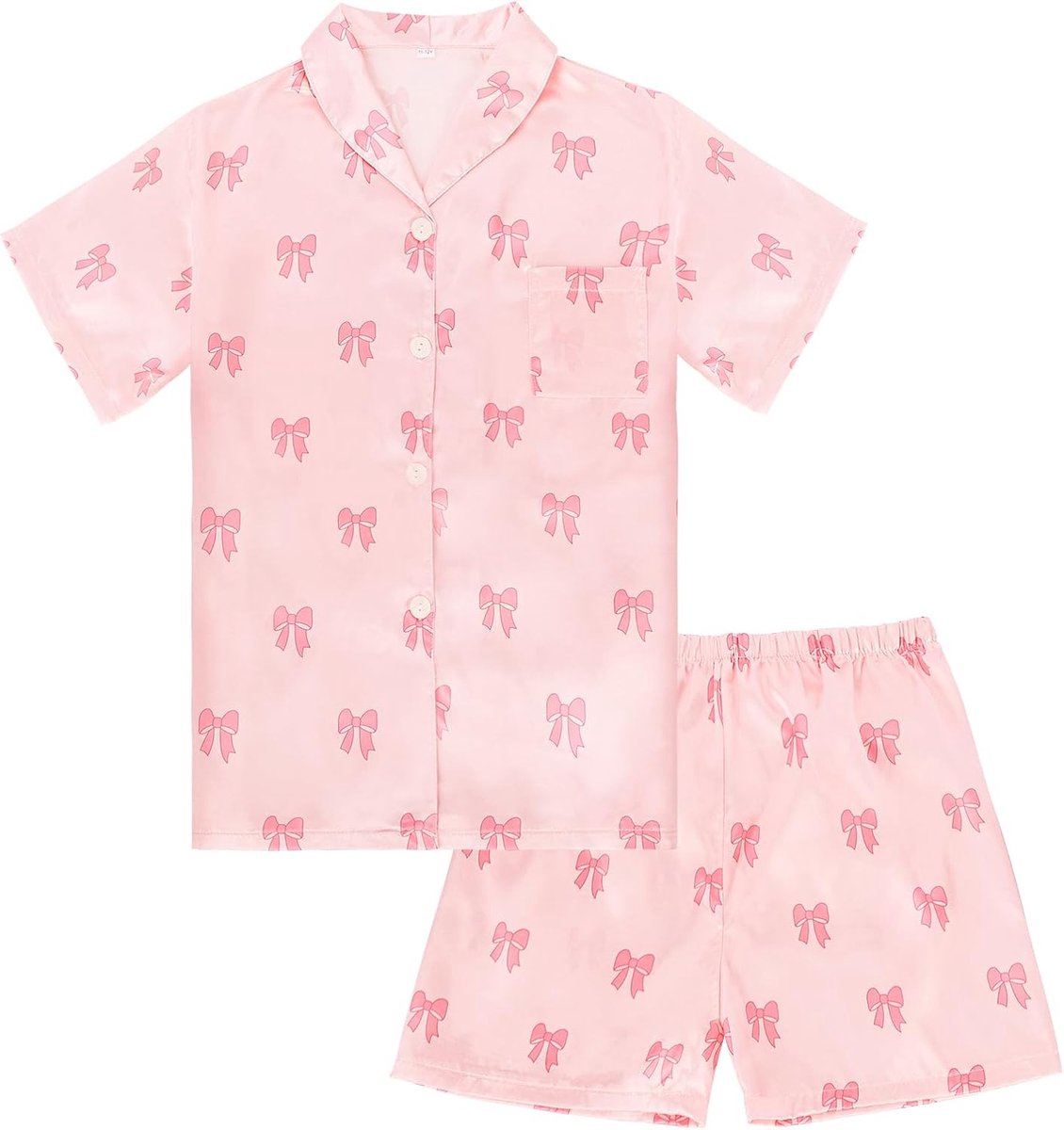 Pyjama Set Satijn, Roze Strikprint – Ruime Kortmouwen Pyjama met Elastische Taille voor Nachtrust & Ontspanning