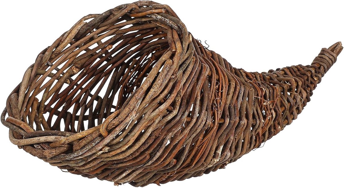 Gevlochten rotan vulhoornmand met buffelhoornvorm, handgeweven opbergmand voor huishouden en decoratie, natuurlijke fruitmand voor keuken en plank