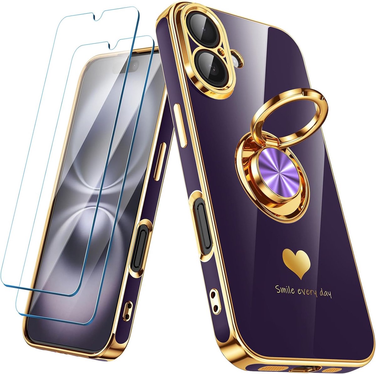 Compatibel voor iPhone 16 hoesje met 2 schermbeschermers, 360° draaibare ringhouder [luxe hartjespatroon] Plating gouden rand slank zacht telefoonhoesje voor iPhone 16 - paars