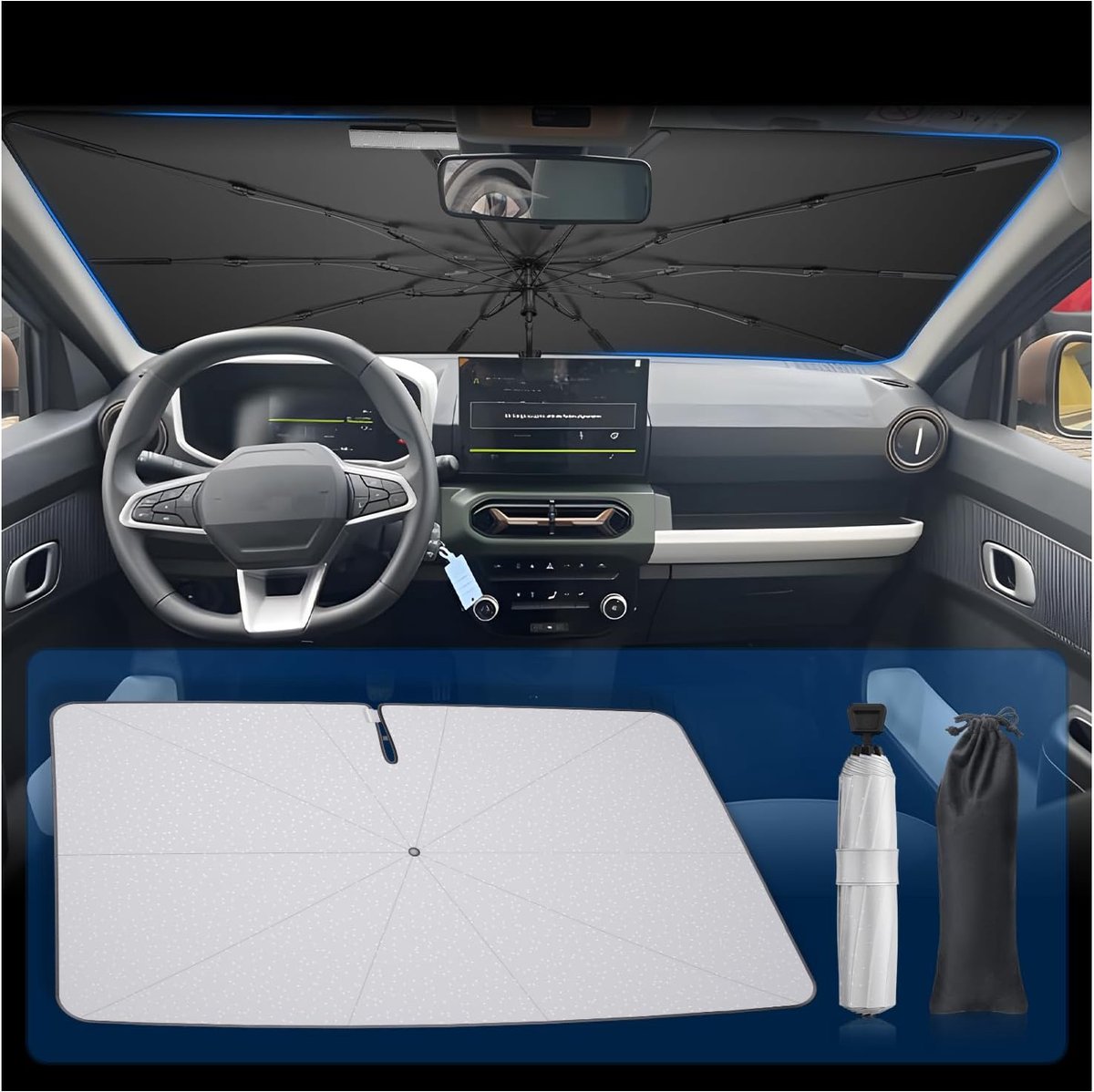 Compatibel met Dacia Spring 2021-2025 zonwering voor voorruit, 360 graden draaibare autoparasol met uv-bescherming en hittebescherming, opvouwbaar zonnescherm voor