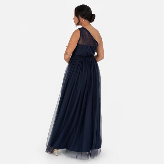 Deluxe Damesjurk, maxi-jurk, mouwloos, schoudervrij, pailletten, tule, split, A-lijn, voor bruiloft, bal, jurk voor dames, marineblauw, 48 — afbeelding 3