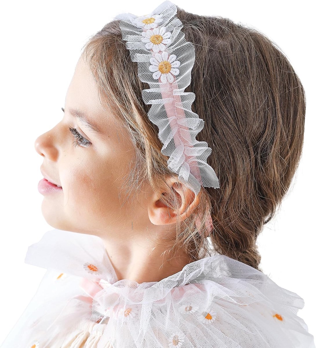 Ray Meisjes geborduurd Daisy Headjurk met witte tule voor geboortedagen en kostuum, party, eenheidsmaat