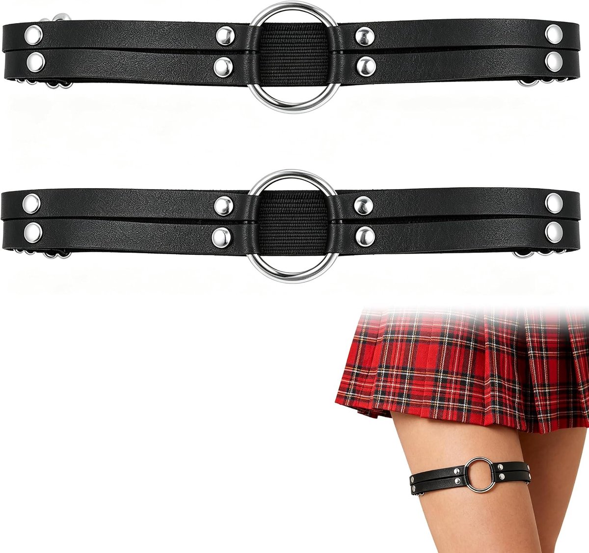 Set van 2 verstelbare zwarte leren dij-kousenbanden voor dames met hartvormige ringen, elastische band en gesp, modeaccessoire voor cosplay, rave, carnaval en feest