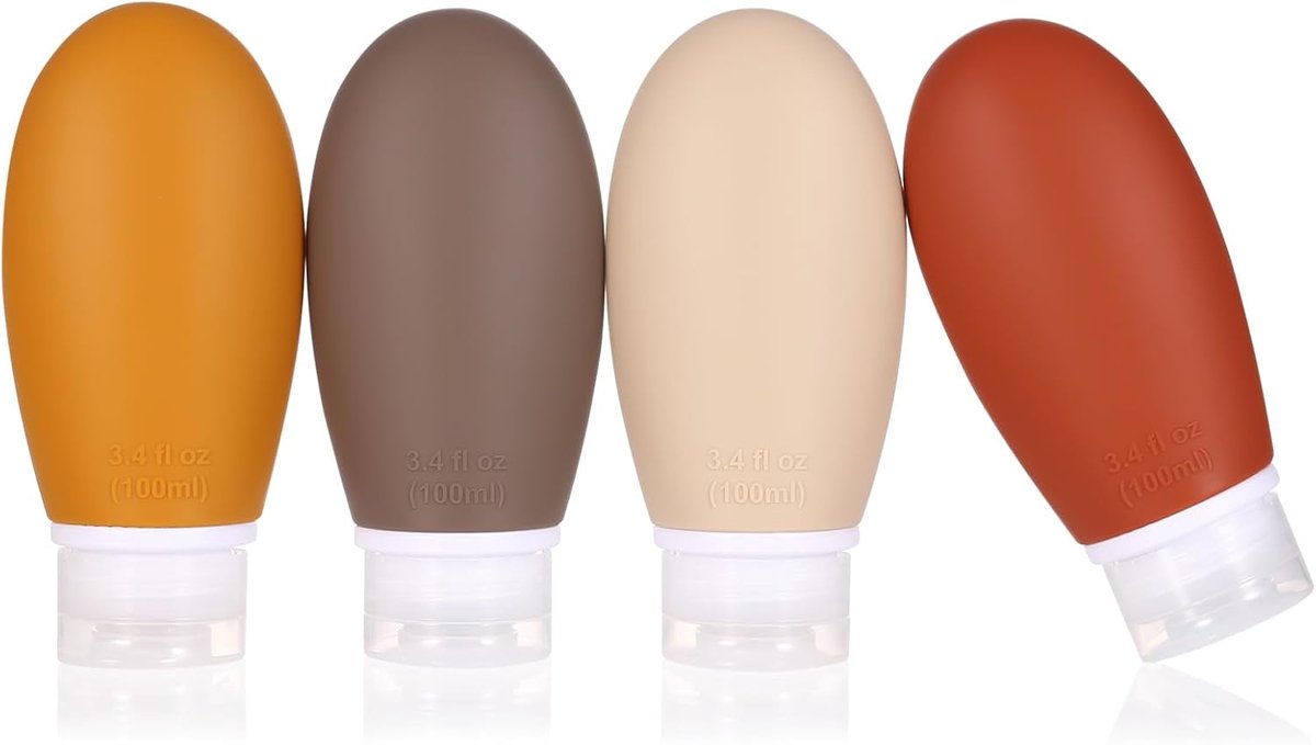 reisflessen,4 stuks 100ml lekvrije knijphervulbare draagbare lege reisflessen accessoires containers voor toiletartikelen shampoo conditioner lotion,BPA-vrij en TSA-goedgekeurd(bruin)