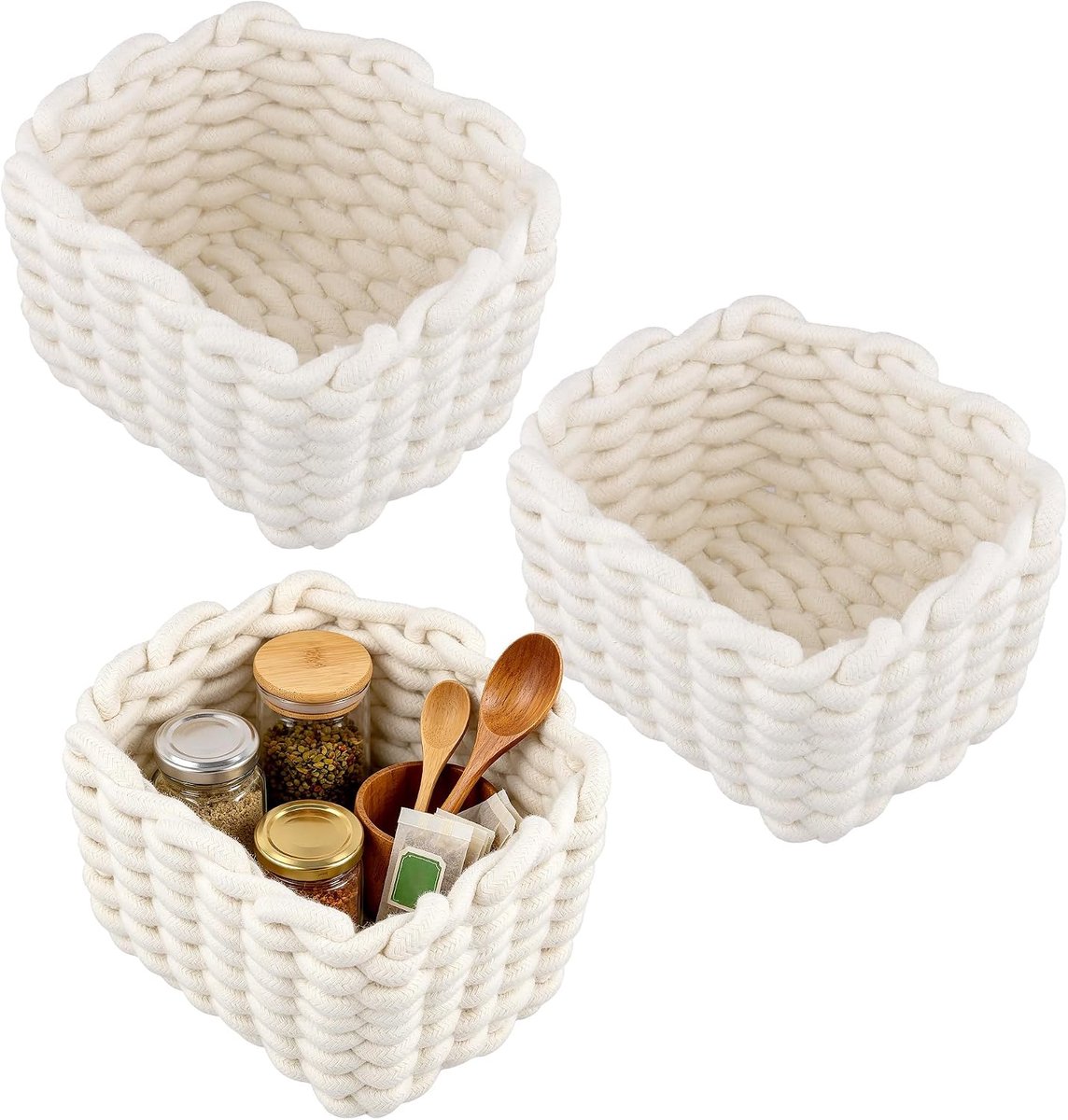 Katoen, gevlochten, 3 stuks, vierkant, gebreide mand, wit, kleine gevlochten mandjes, 18 x 14 x 13 cm, organizer, mand voor kasten, keuken, bureau