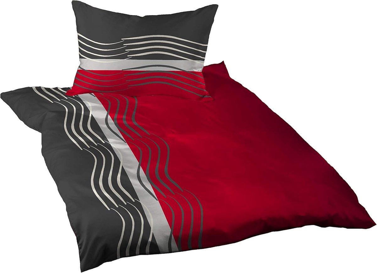 2 TLG. Katoen wafelpiqué beddengoed, modern zwart rood grijs, 140x200 cm + 70x90 cm