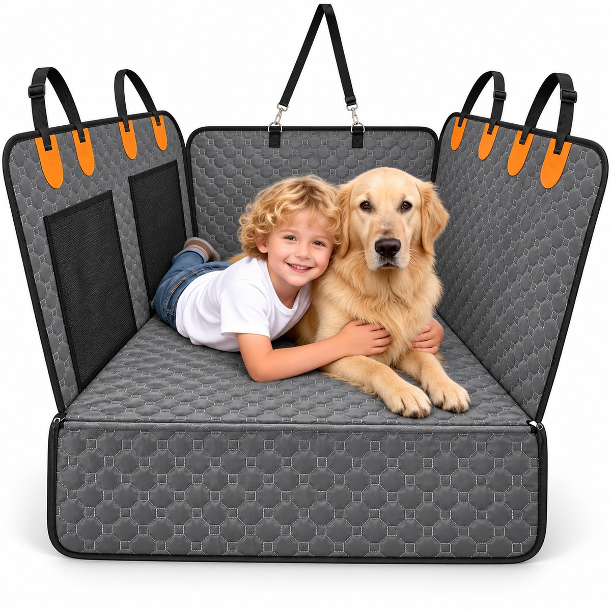 Molhaus Achterbankmat voor Hond - 128 x 63 x 56 cm - Waterdicht - tot 30 kg - Polyester - Zwart Oranje - Autodeken Honden