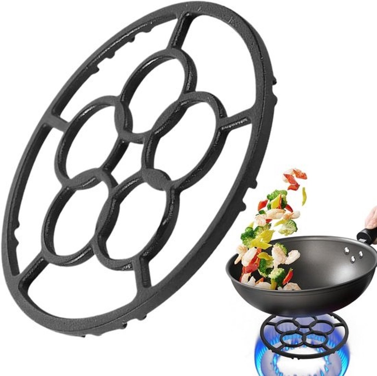 Wok Ring - Wokhouder Ondersteuning - Stabiel Koken - Gietijzer Hittebestendig - 18.2 cm Diameter - Zwart