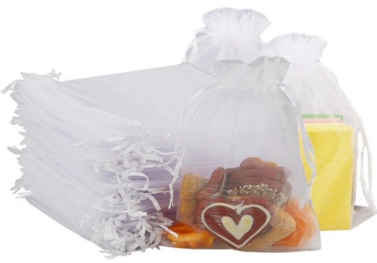 Organza Geschenkzakjes - Trekkoord Zakjes - Kleine Spullen Opbergen - Delicaat Elegant Ontwerp - 100 stuks 13x18 cm - Wit