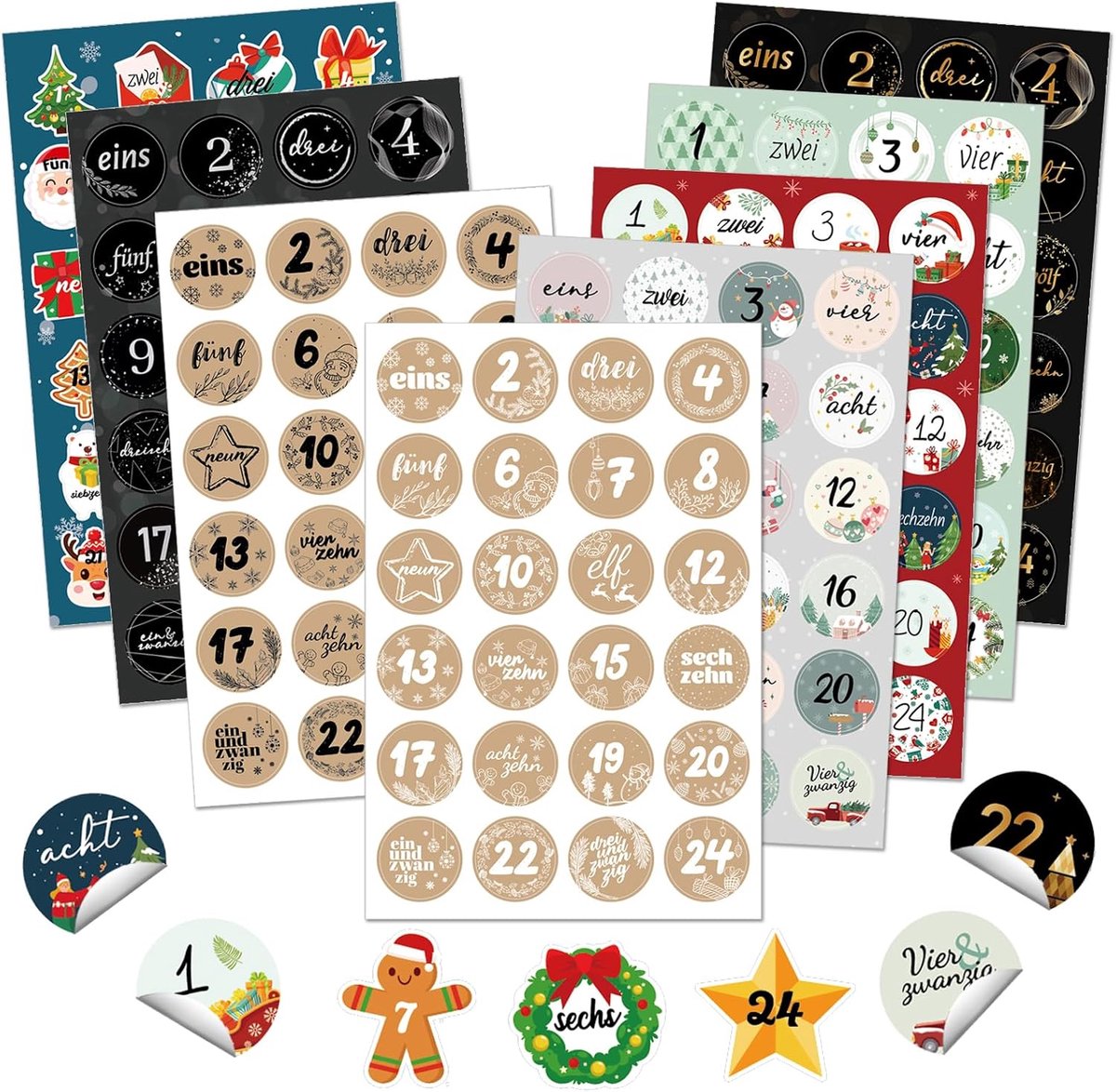 Dailygoods- Adventskalender 2024 - 8 x 24 Cijferstickers - Zelfklevende Stickers - Kerstmis - Knutselen - Klassiek Kerstdesign - Kerststickers