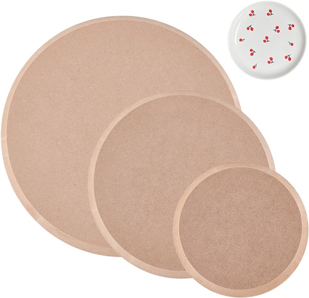 Dailygoods- Platenset 3-delige ronde keramische - Houten dichtheidsplaat - Bedrukte blanco's - DIY keramisch snijden - Creatieve omgeving - Ambachteli