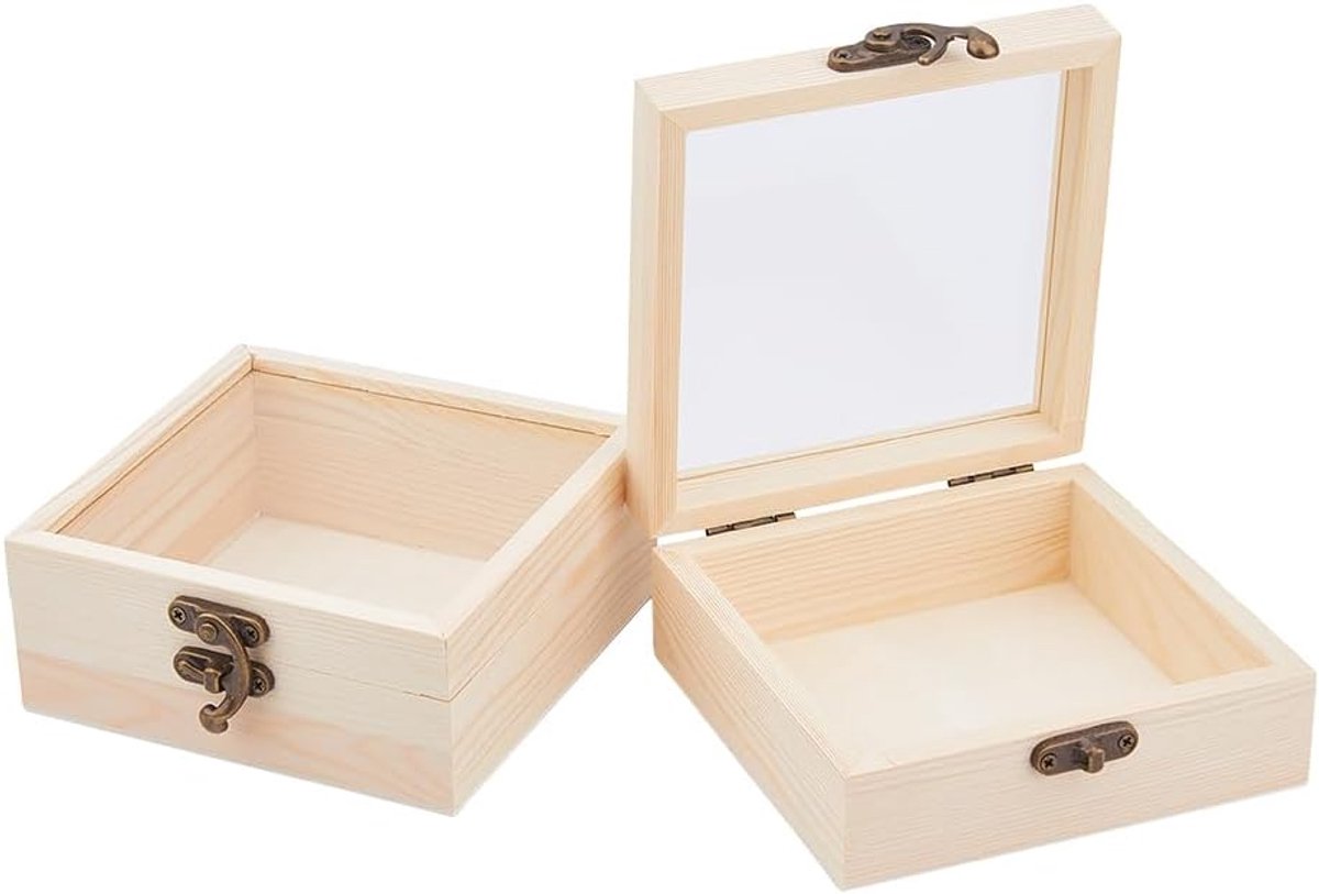 Dailygoods- Houten Doos met Glazen Deksel - Kleine Houten Doos - Geschenkdozen - Sieraden Opslag - Decoratie - 12 x 12 cm - Sieradenbox