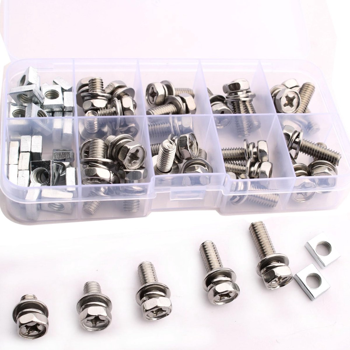 Dailygoods- Accuschroeven 60 Stuks - Roestvrij Staal - M6 x 10/12/16/18/20 mm - Moeren - Opbergdoos - Multifunctioneel - Schroefset