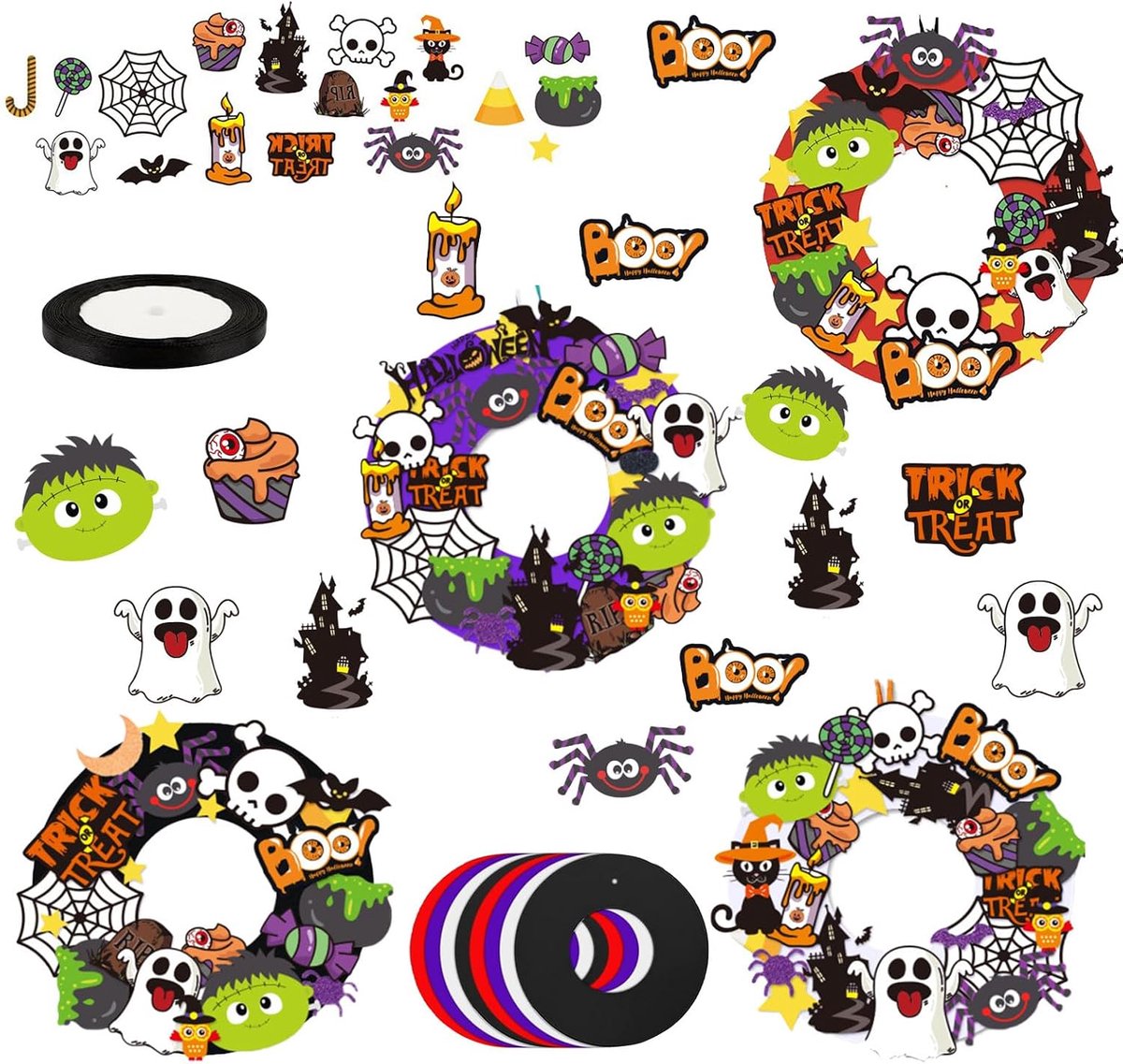 8 stuks Halloween-feestkransdecoratie, Halloween-kransen, knutselset voor kinderen, Halloween knutselen, kinderdecoratie, doe-het-zelf pompoen, zombie, spin, wandkrans