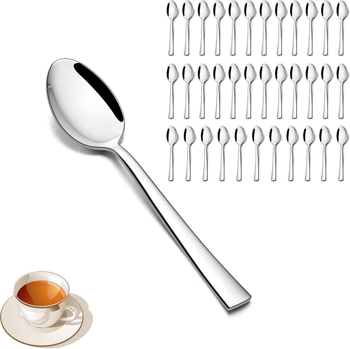 Theelepels, 36 stuks, 13,5 cm, roestvrijstalen koffielepels, espressolepelset, dessertlepel, kleine lepel voor thuis, restaurant, café, spiegelgepolijst en vaatwasmachinebestendig - vierkante