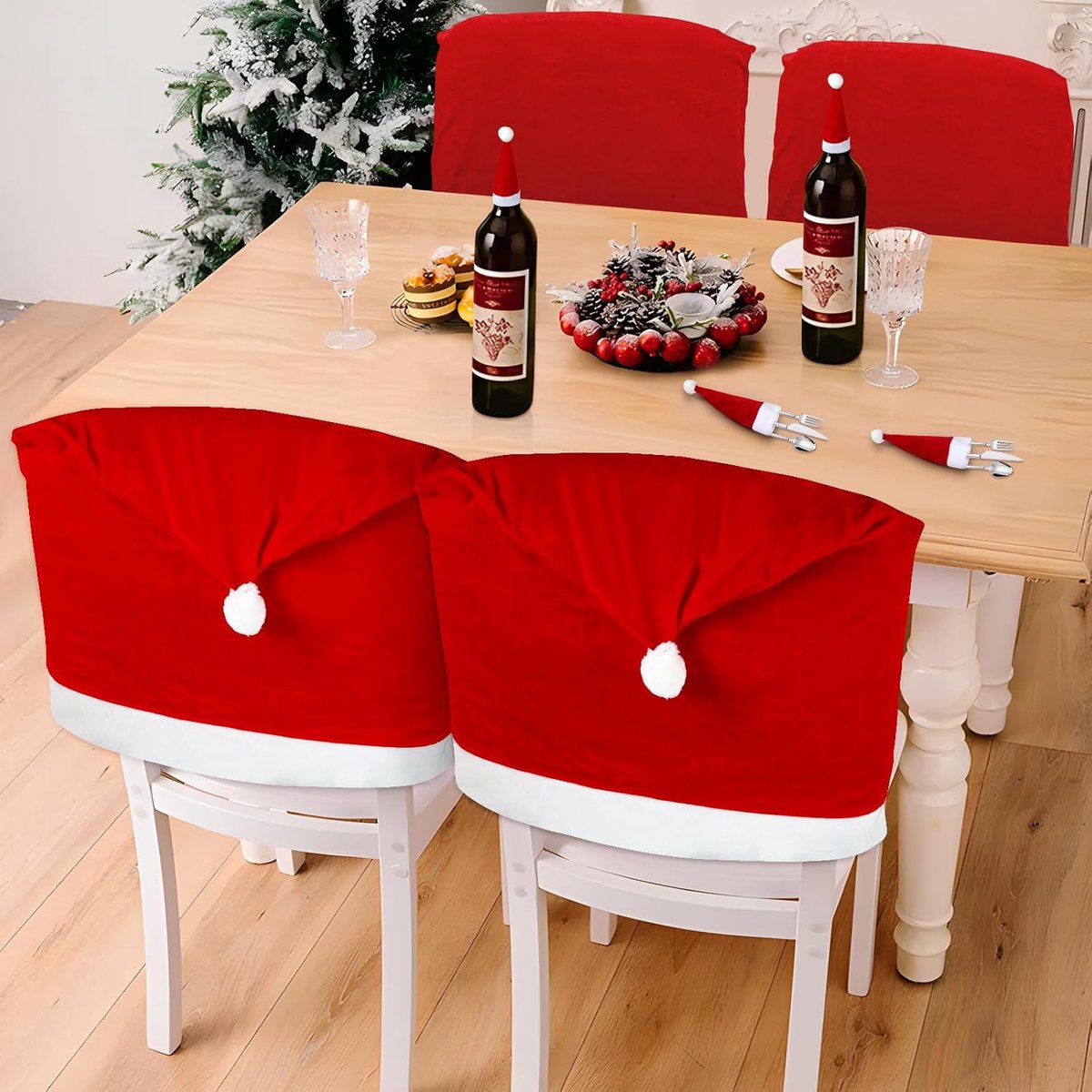 6 stuks premium kerststoelhoezen, stoelhoes, kerstset - kerstdecoratie voor stoelen, kerstmuts, stoelafdekking voor eettafel, kerstdecoratie