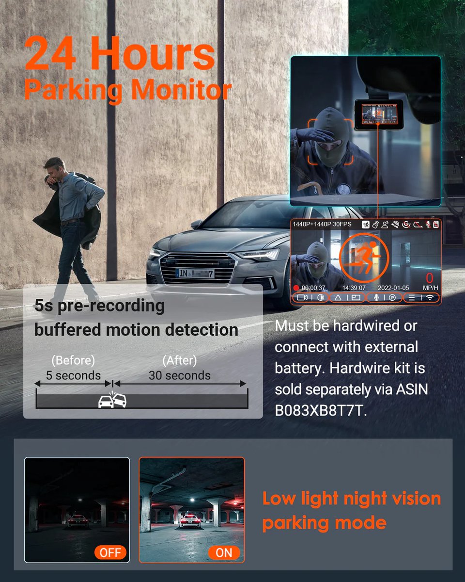 VANTRUE E2 1944P+1944P Dashcam Auto 5GHz WiFi GPS, Draadloze en Spraakgestuurde Dashcam Voor Achter, WDR-nachtzicht, Buffer Parkeermodus Autocamera, 2,45 Inch Lusopname G-sensor, Max. 512GB thumbnail 3