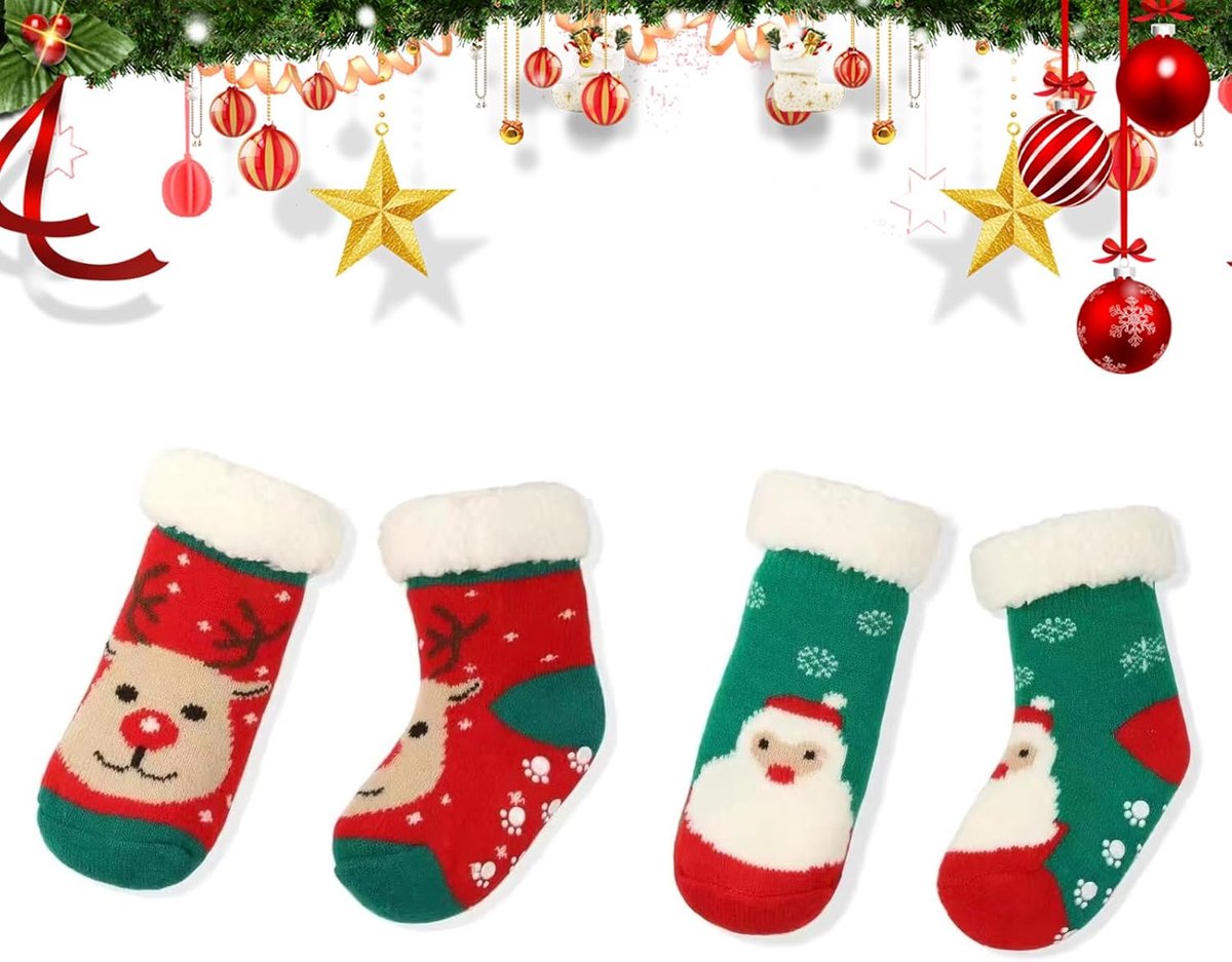 Sokken, Antislip Winter Warme Sokken Kerst Patroon Fleece Sokken Babyslofjes Feestelijke geschenken voor Kerstmis, Baby Shower(Groene serie)