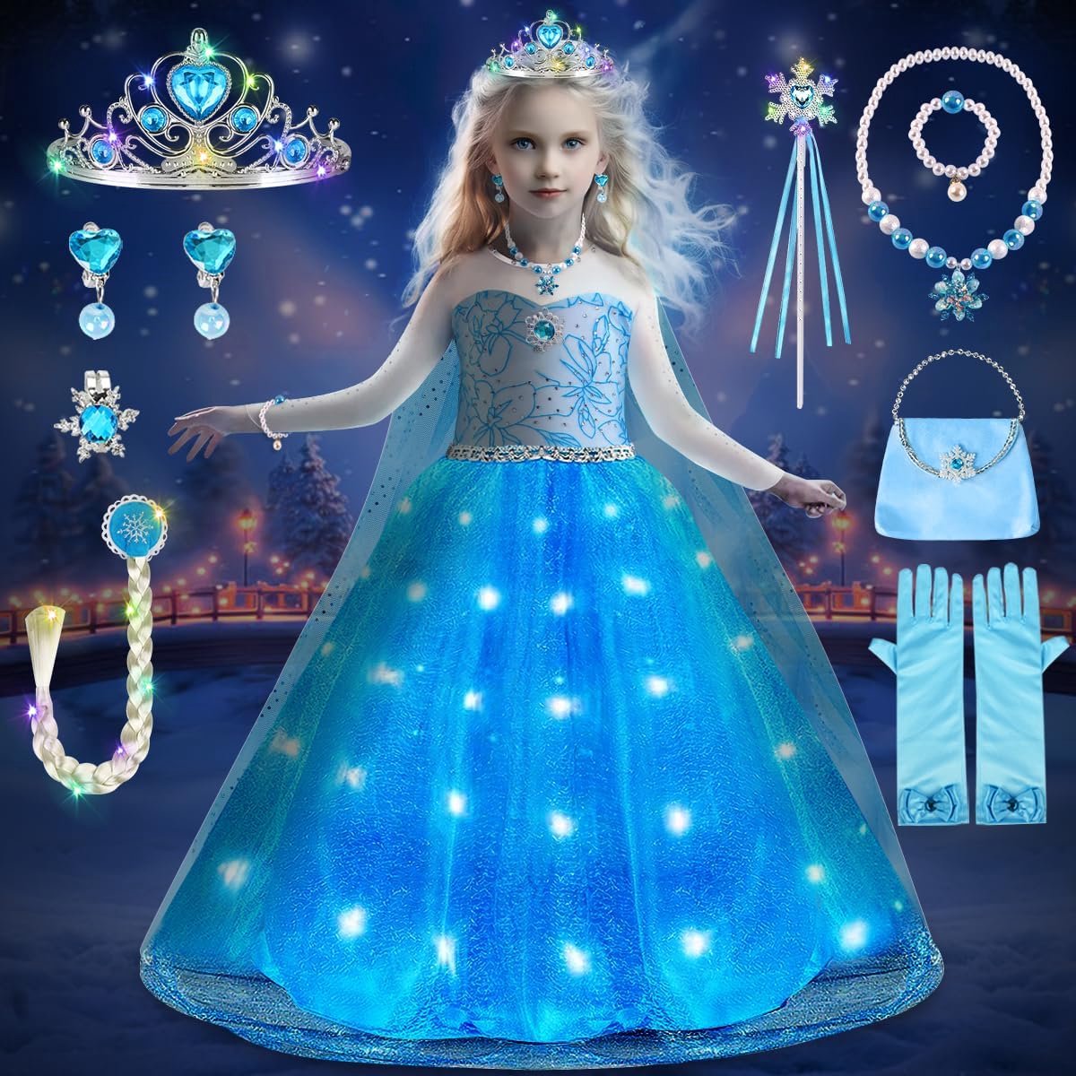 Prinsessenkostuum voor meisjes, led-prinsessenjurk met lichtgevende kroonkettingsets, prinsessen, cosplay, kinderverkleedkleding voor carnaval, verjaardagsfeestje