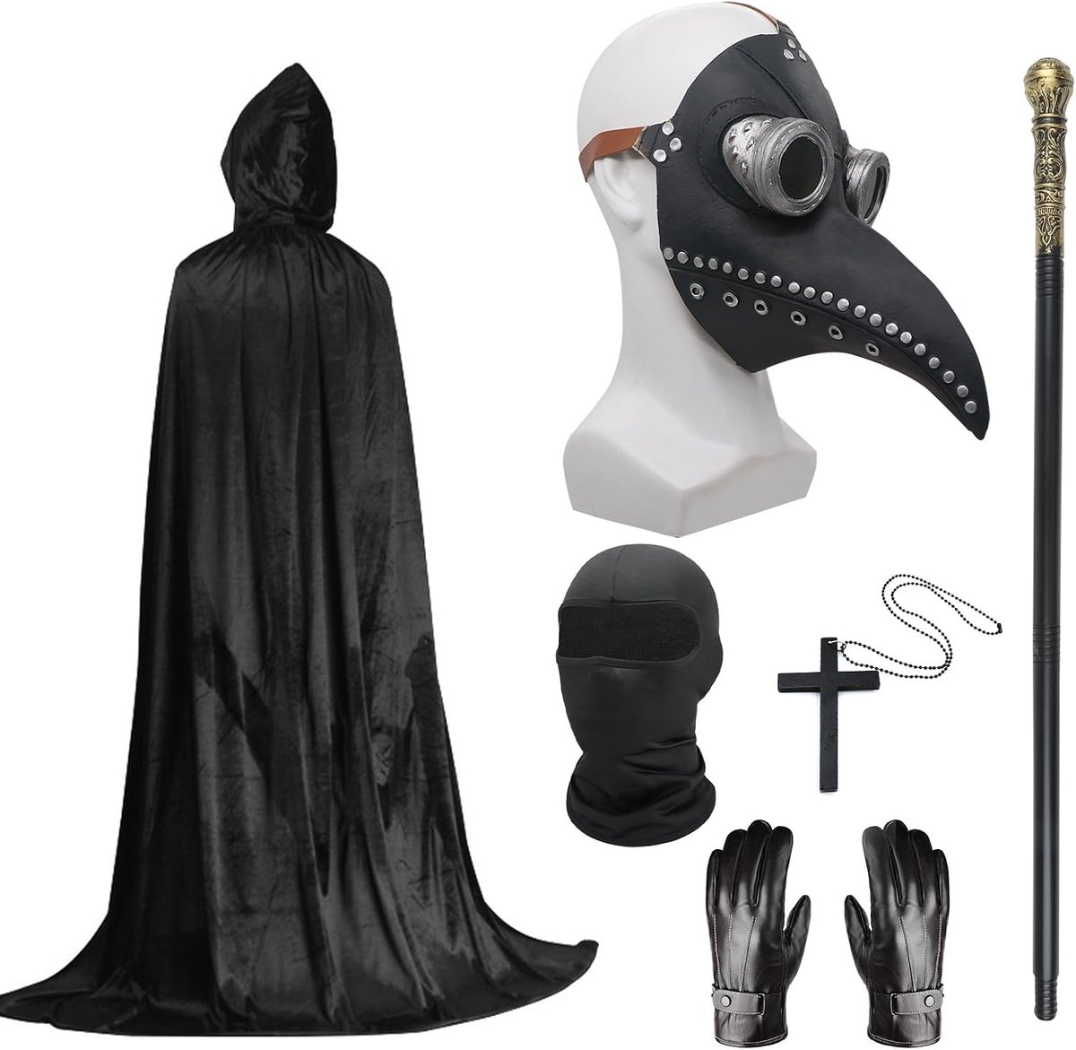 Doctor Kostuum Set, Halloween Masker Lange Neus Snavel Masker Zwart met Zwarte Hooded Mantel Kruis Ketting Handschoenen Riet Volgelaatsmasker voor Halloween Party, Punk Carnaval, Maskerade