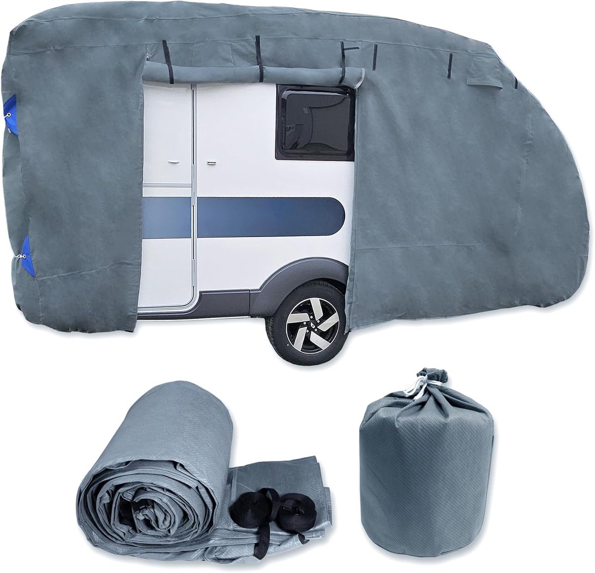 Beschermhoes voor caravans | UV-bestendig dekzeil voor uw camper | universele pasvorm | polyamide | dak waterdicht, zijdelen waterafstotend | grijs | 670 x 250 x 220 cm