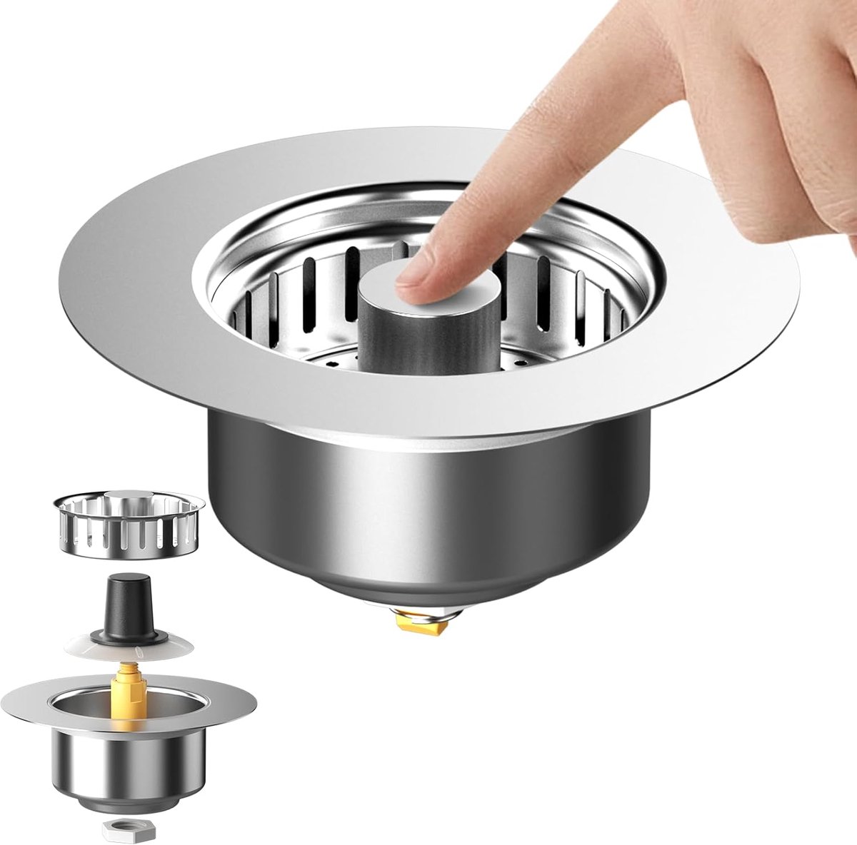 3-in-1 afvoerzeef, keukenspoelbak, boring, 71-85 mm, pop-up afvoerstop, keukenspoelbak, zeefstekker, anti-verstopping en geurpreventie, universeel voor keukenspoelbak