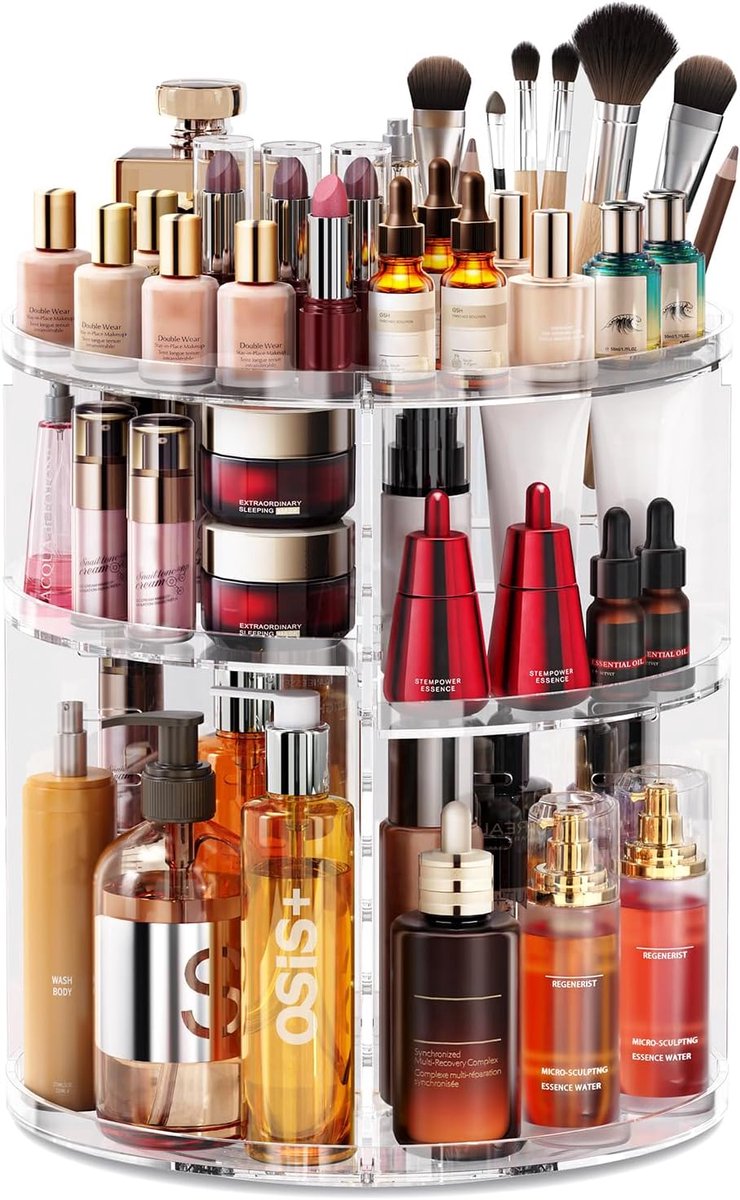Make-up cosmetische organisator Nieuwe bijgewerkte versie 9 verstelbare niveaus, 360 ° roterende opslag, make-up organisatoren voor dressoir kaptafel, Transparante