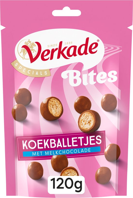 Roze verpakking met Verkade Bites Koekballetjes met melkchocolade. 120g.