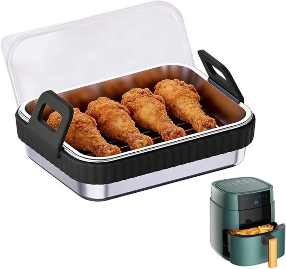 Airfryer Pan - Bakmand - Crispy Maaltijden Bereiden - Non-stick Coating - 20x15x5.5cm - Zwart