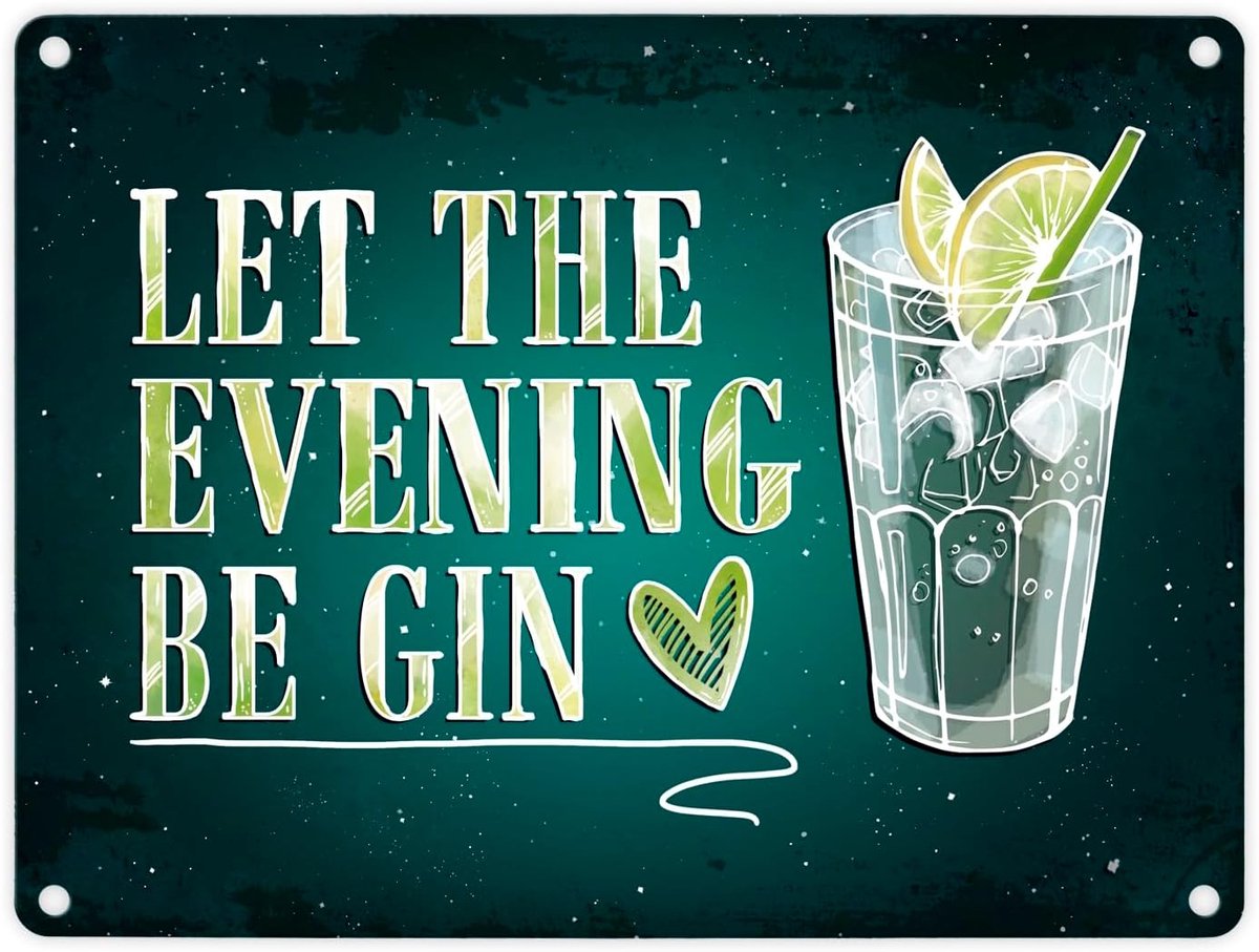 Trendaffe Gin metalen bord met alcoholmotief en spreekwoord: Let the evening be gin tonic is (15 x 20 cm, aluminium)