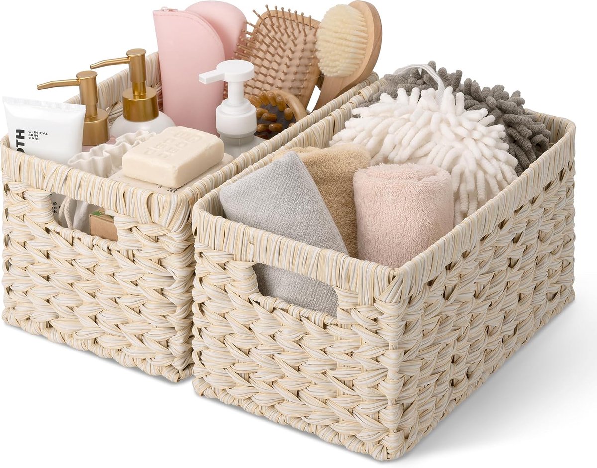Rieten manden voor opslag, badkamermanden om te organiseren, manden voor badkamer organiserende kast salontafel, rieten manden met handgrepen, wicker storage baskets for shelf, wit