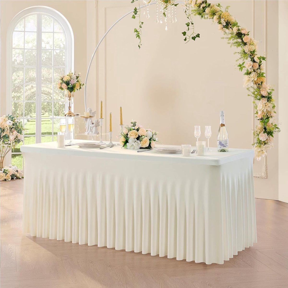 2 stuks ivoorkleurig spandex tafelkleed, rechthoekig, 180 cm, kreukvrij, elastisch, voor banket, bruiloft, verjaardagsfeest, vergadering en decoratie