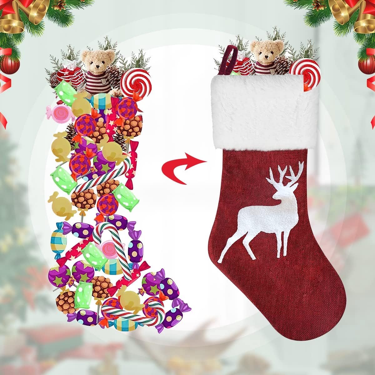 Kousen om op te hangen, set van 2, gepersonaliseerde grote kerstkous, kerstkous, geschenken, lege kerstdecoratie voor thuis